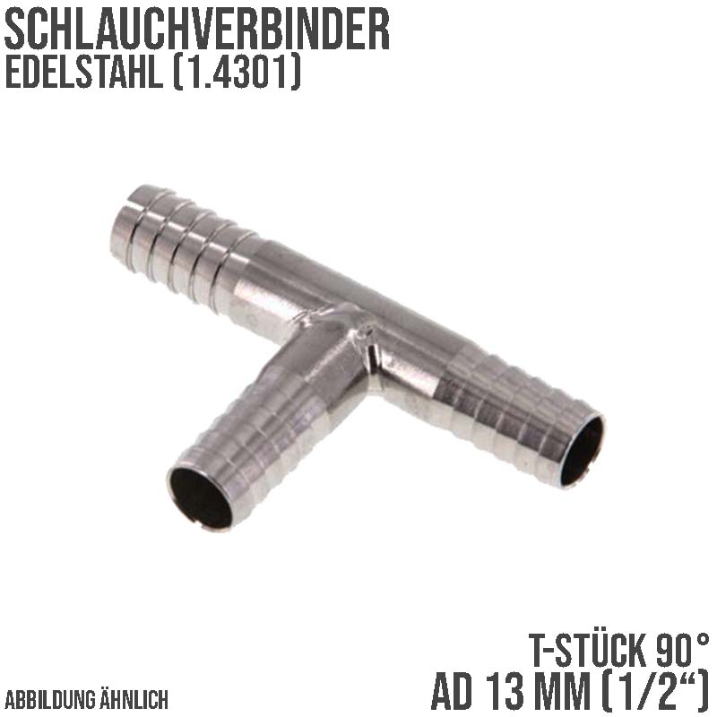 13 mm - 1/2" Zoll T-Stück Schlauch Verbinder Verteiler Tülle Kupplung Reparatur Edelstahl VA 1.4301
