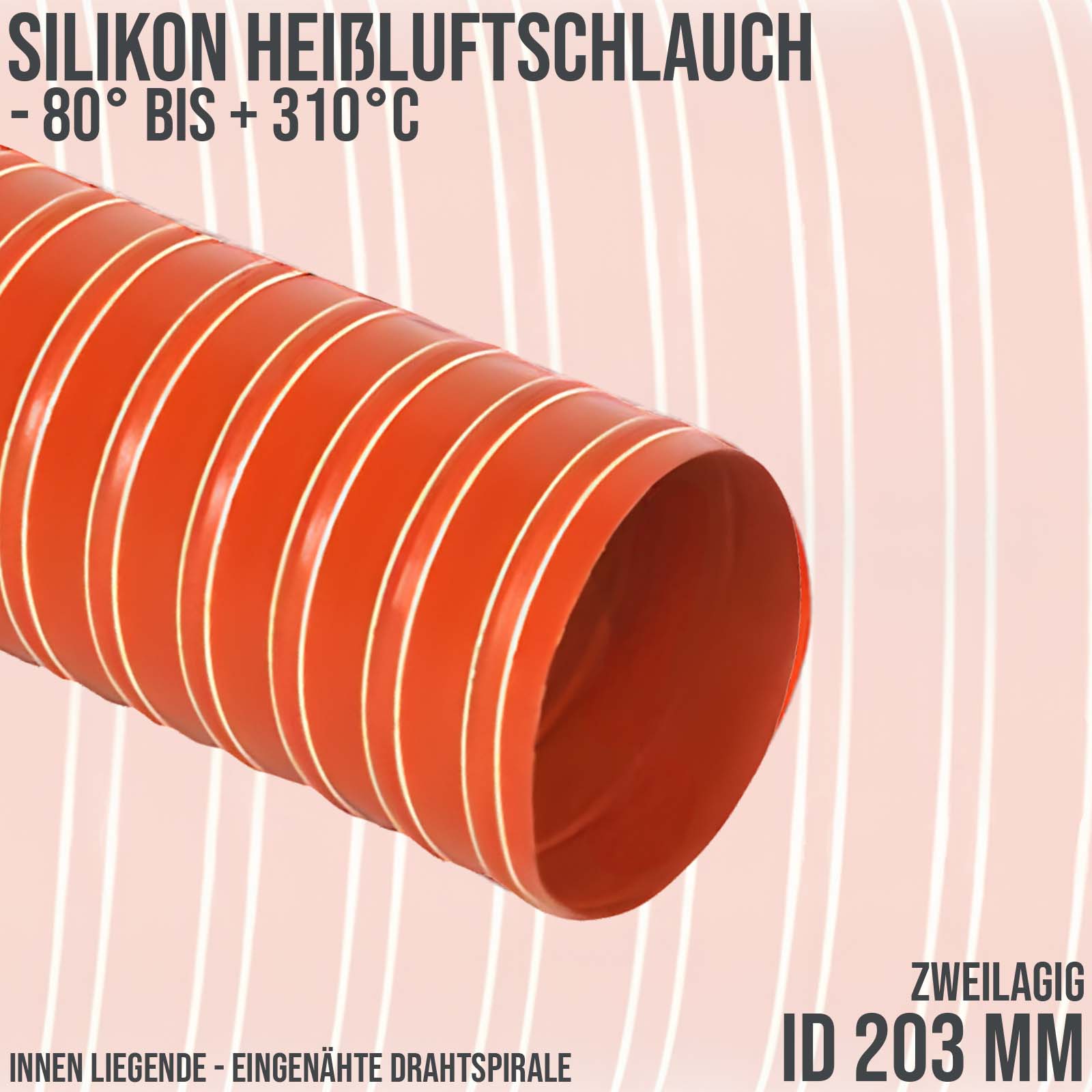 203 mm Silikon Heißluftschlauch rot - zweilagig - Wandstärke 0,46 mm - PN 0.6 bar