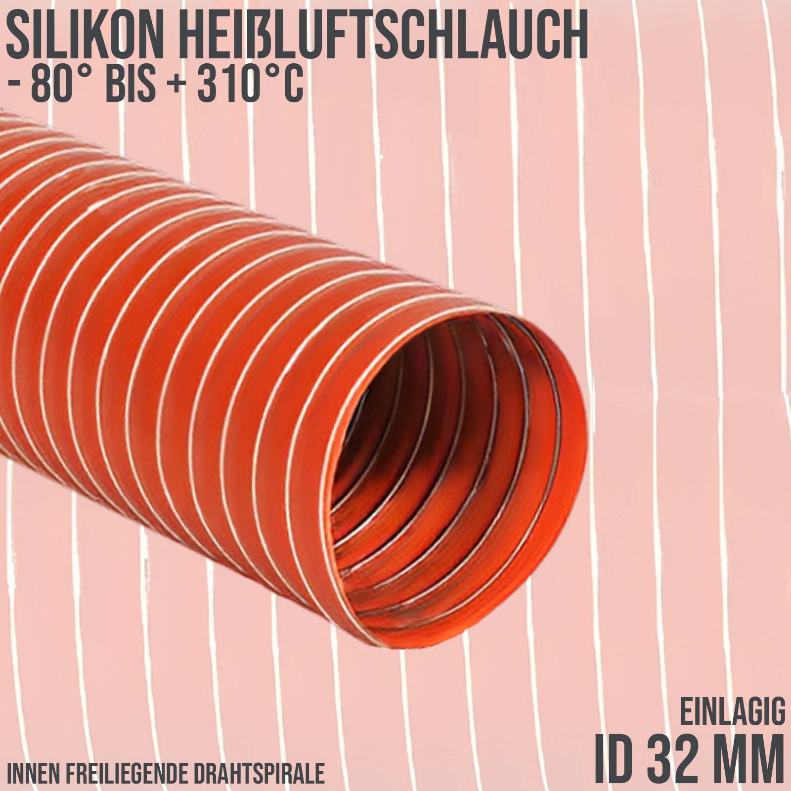 32 mm Silikon Heißluftschlauch rot - einlagig - Wandstärke 0,27 mm - PN 1.4 bar