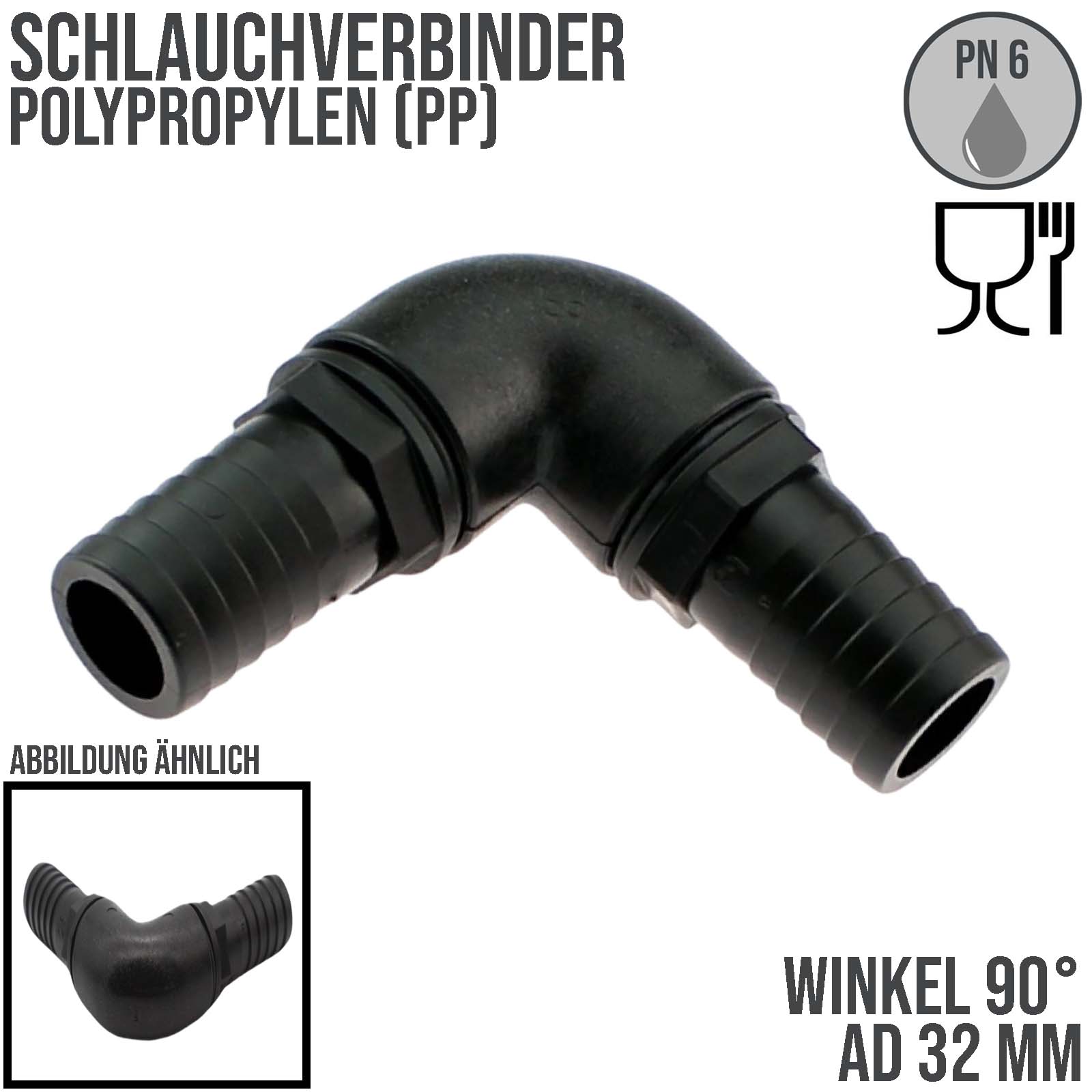 32 mm Winkel 90° Schlauch Verbinder 2-fach Stutzen Tülle Pool Teich Garten schwarz - PN 6 bar