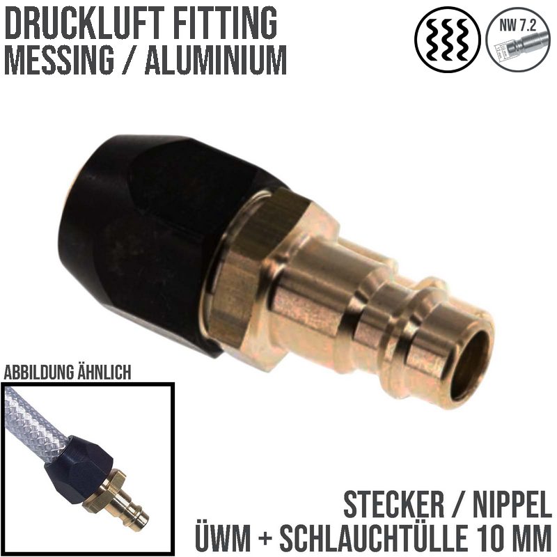 10 mm Druckluft Stecker Nippel Einsteck Überwurf Mutter ÜWM TX Schlauch Tülle Messing NW 7,2 LW - PN 16 bar