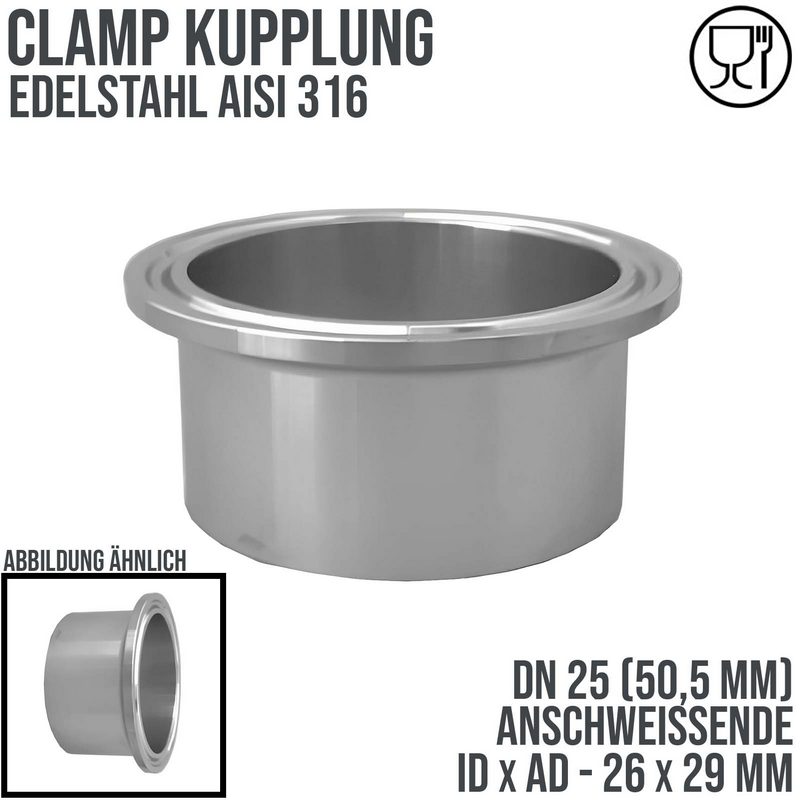 DN 25 CLAMP Kupplung 50,5 mm DIN 32676 Anschweissende ID 26 x AD 29 mm - PN 16 bar