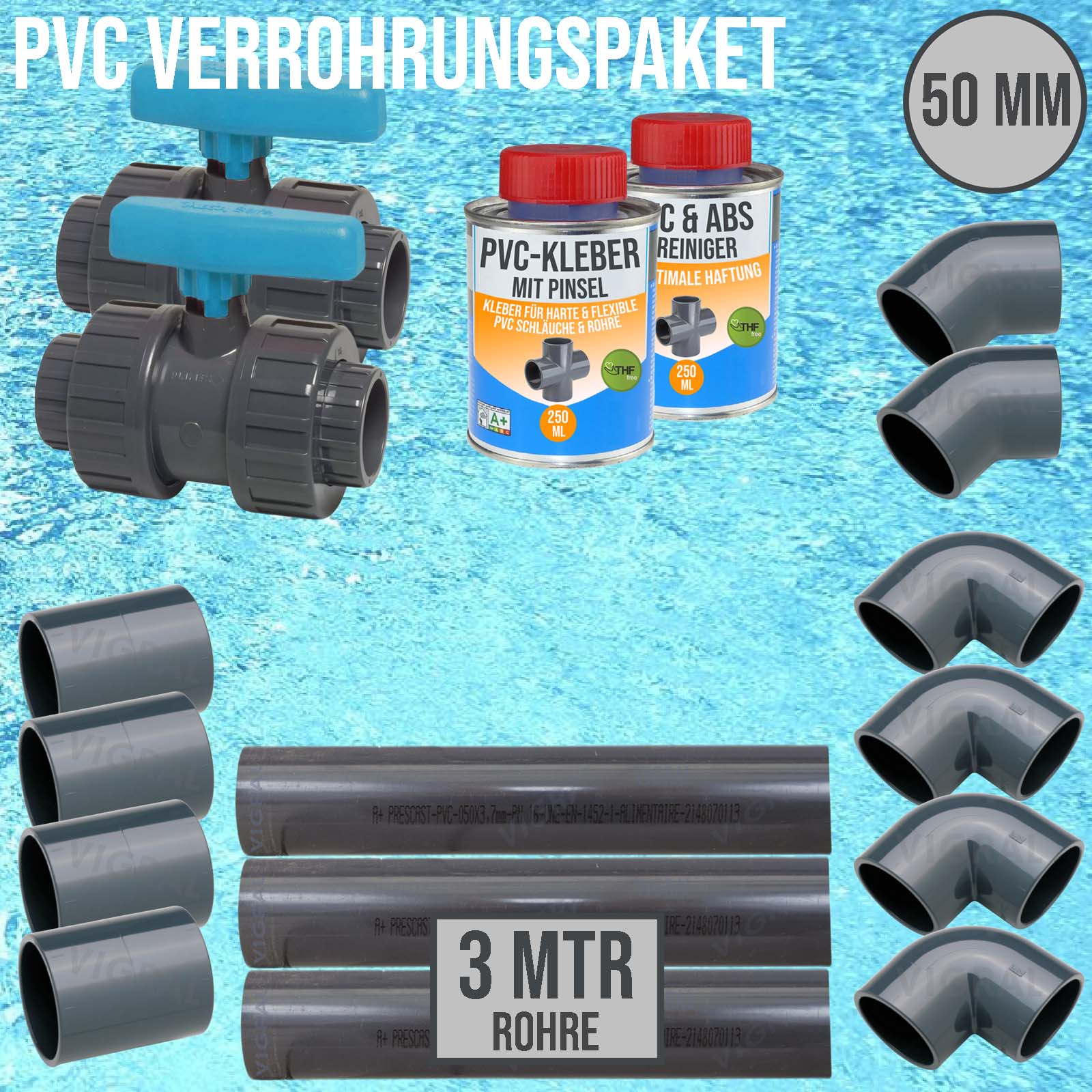 50 mm PVC Klebe Fittings Verrohrungspaket Pool Schwimmbad Schlauch Rohr FEST - 3 m - blau