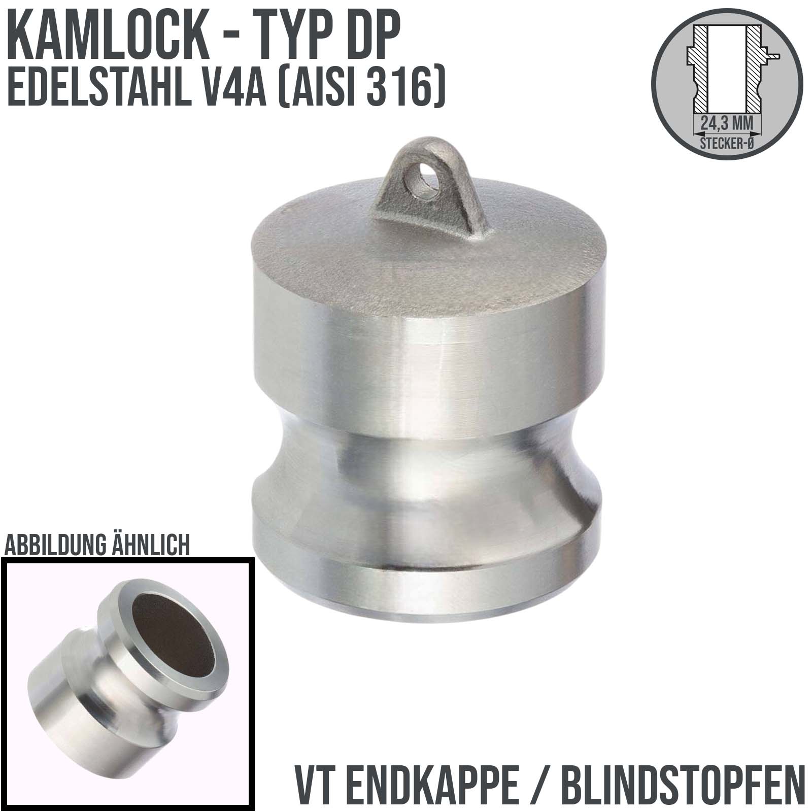 Kamlock Typ DP - Blind Stopfen Edelstahl V4A (AISI 316) Verschluss Kappe 24,3 mm - 1/2" Zoll DN13 DN15 - PN 10 bar