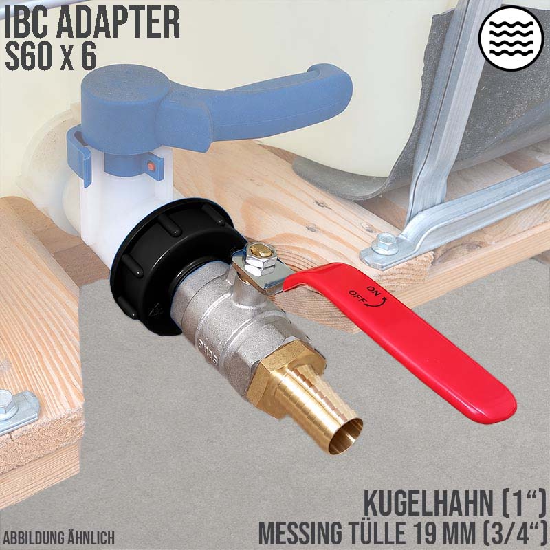 S60 x 6 IBC 1" Kugel Hahn Ventil Schlauch Tülle 3/4" 19 mm Messing Container Tank Zubehör