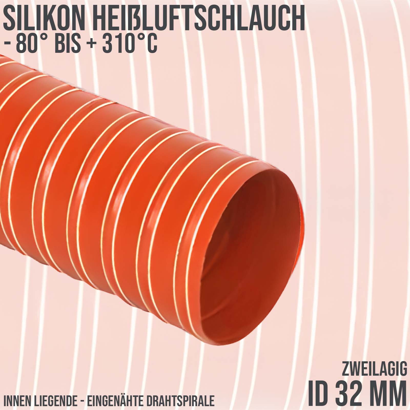 32 mm Silikon Heißluftschlauch rot - zweilagig - Wandstärke 0,46 mm - PN 2.5 bar