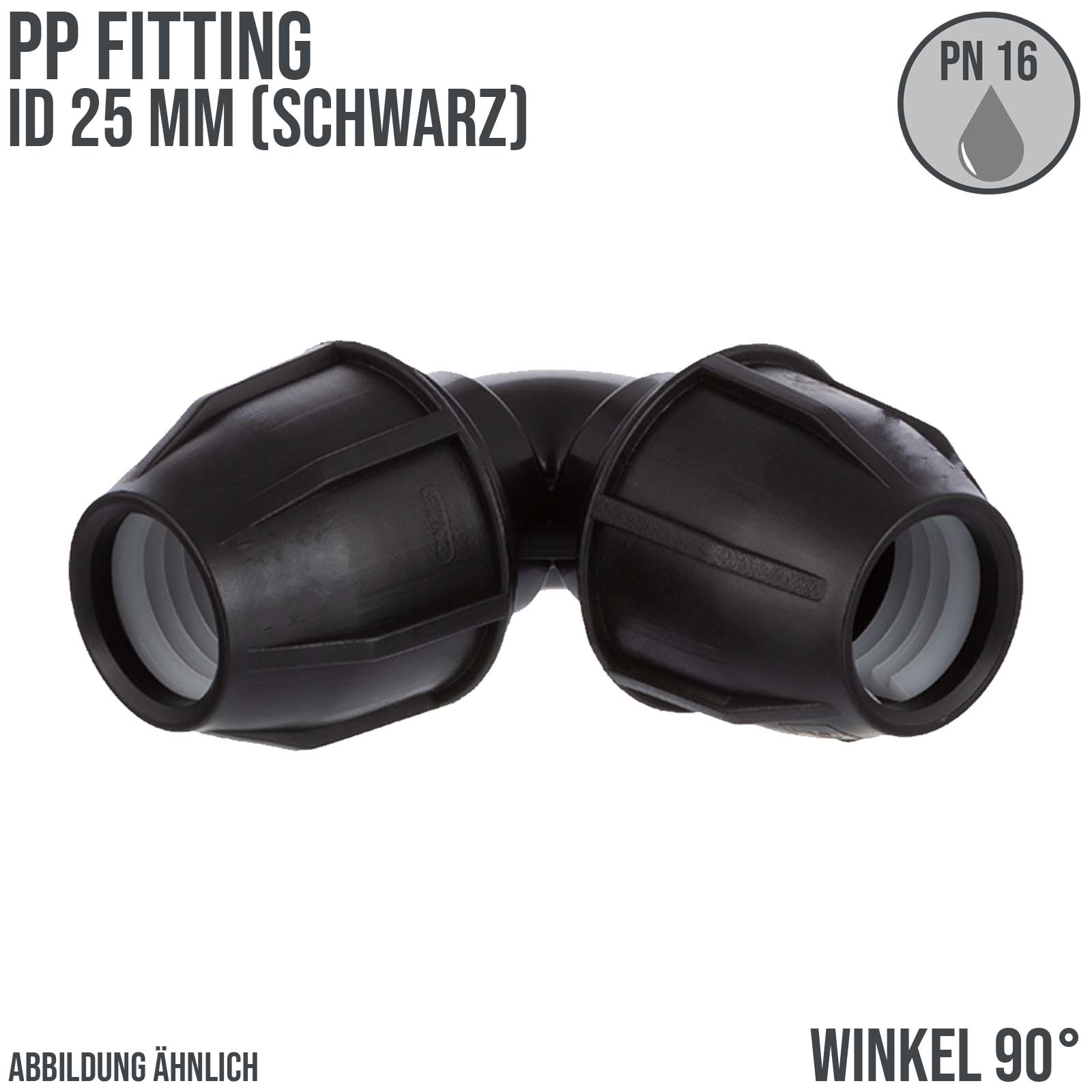 25 mm PE PP Fitting Klemm Verbinder Verschraubung Muffe Rohr Winkel 90° schwarz - PN 16 bar