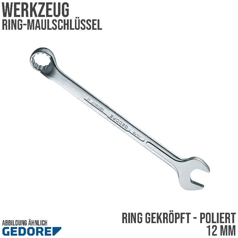 12 mm Ring Maul Schlüssel gekröpft Vanadium Stahl verchromt Gedore