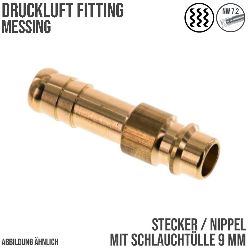 9 mm Druckluft Stecker Nippel Einsteck Schlauch Tülle Messing NW 7,2 LW - PN 35 bar