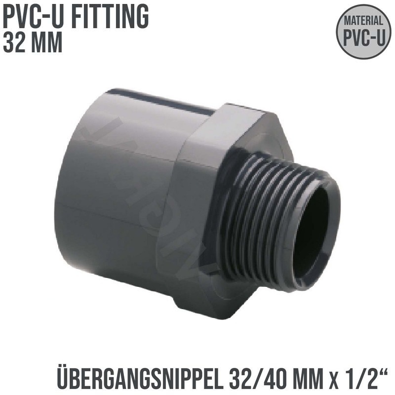 32 mm PVC Klebe Fitting Übergangsnippel Sechs-/Achtkant 32/40 mm x 1/2" Muffe Verbinder - PN 10 bar