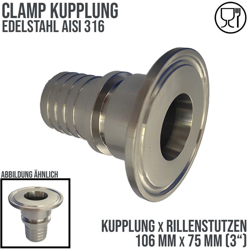 CLAMP Kupplung 106 mm Schlauch Stutzen Tülle Rillen 75 mm 3" - PN 16 bar