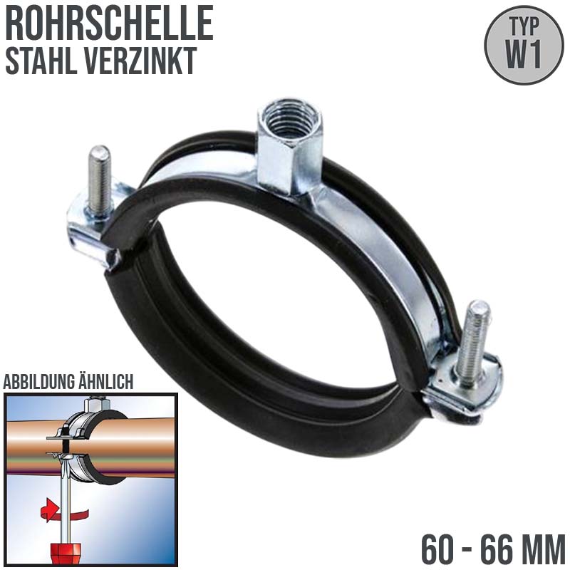 60 - 66 mm Rohr Schraub Schelle Klemme Gummieinlage Fischer M8 M10 2-teilig W1 Stahl verzinkt DIN 4109