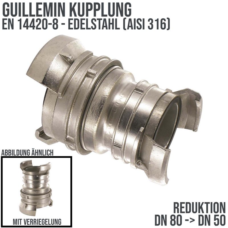 DN 80 -> DN 50 Guillemin Kupplung Reduktion Reduzierer Übergangsstück Verriegelung Edelstahl AISI 316 - PN 16 bar