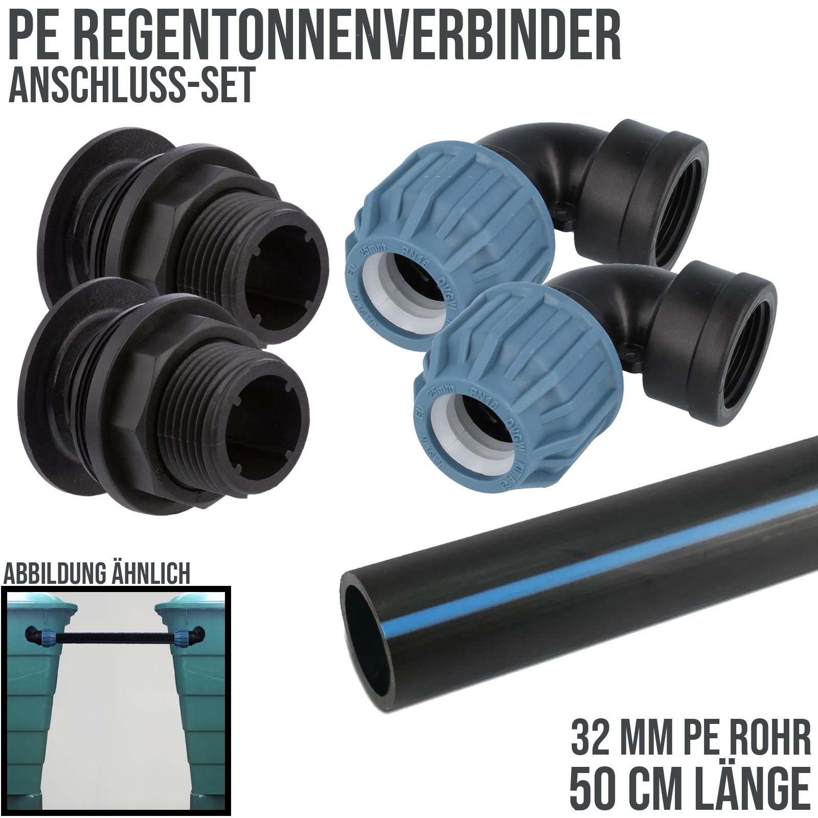 32 mm PP/PE Regentonnen Überlauf Fass Wasser Tank Verbinder Kupplung - 0,50 mtr