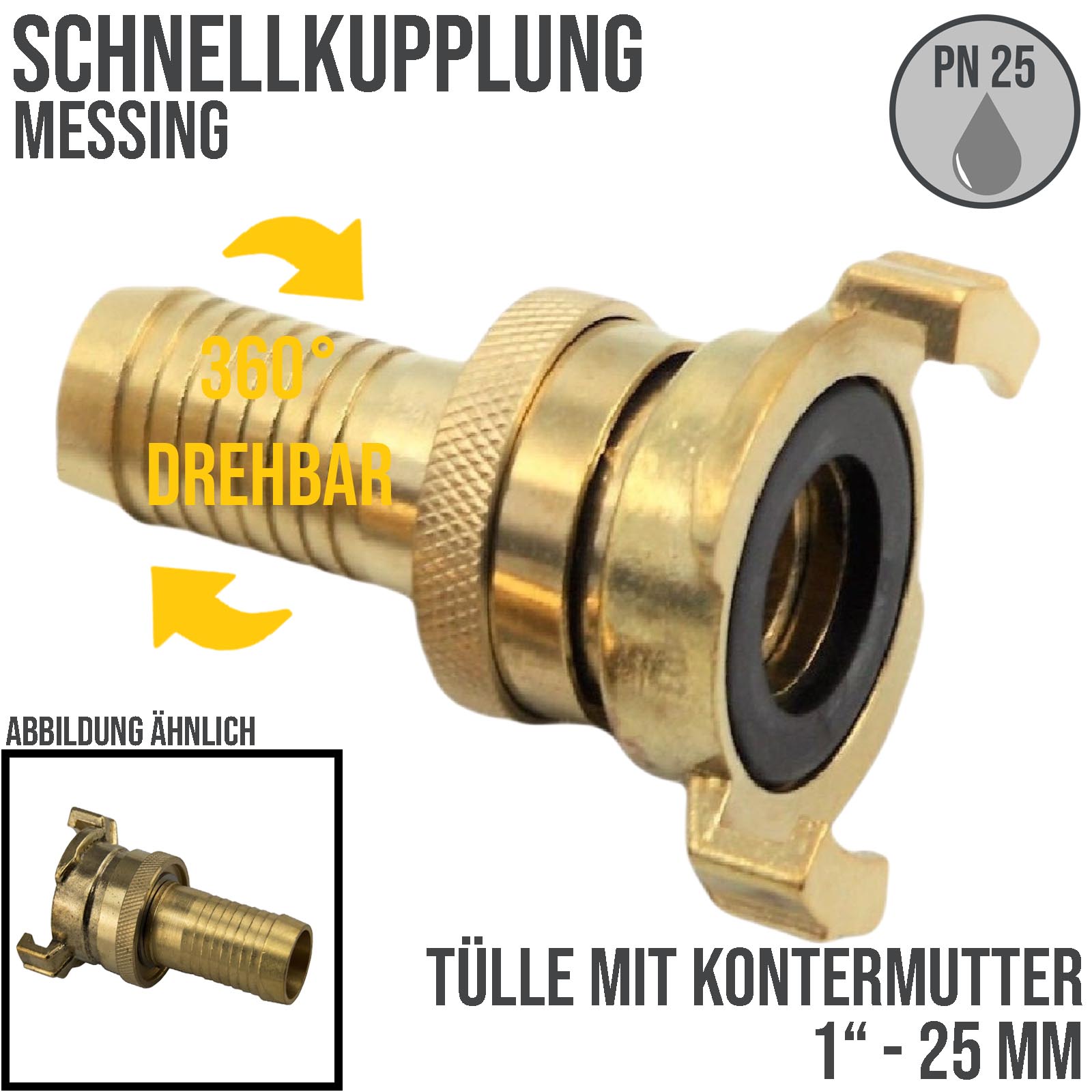 1" 25 mm Messing Schlauch Schnell Kupplung Tülle mit Kontermutter (GEKA kompatibel) - PN 25 bar