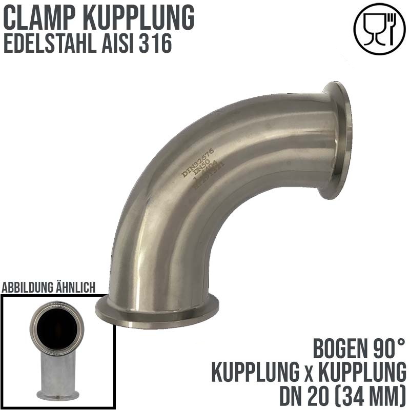 CLAMP Kupplung Bogen 90° 34 mm DIN 32676 Flansch Teller DN 20  3/4" - PN 16 bar