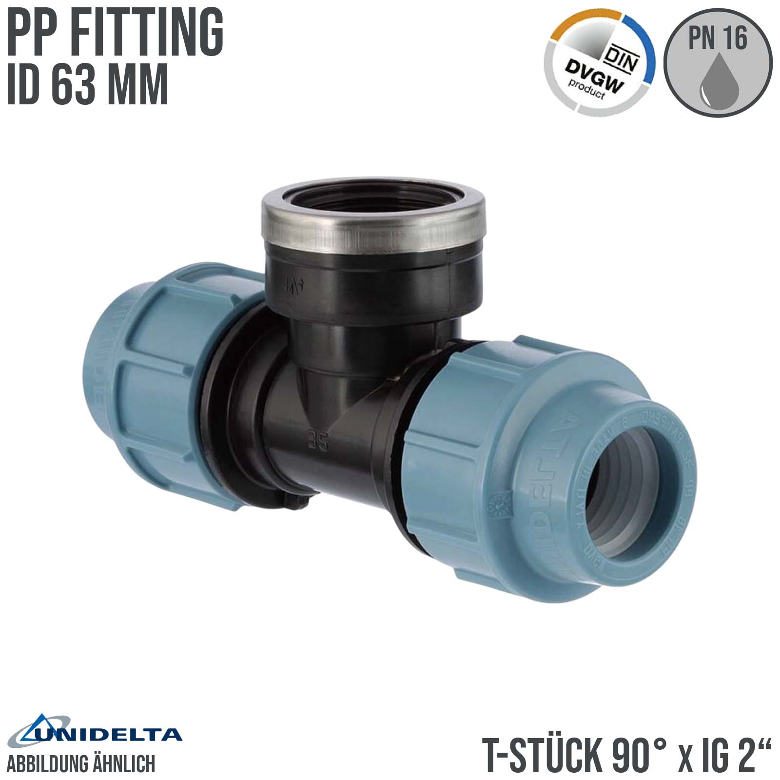 63 mm x 2" PE PP Fitting Klemm Verbinder Verschraubung Rohr T-Stück 90° x IG DVGW - Unidelta 