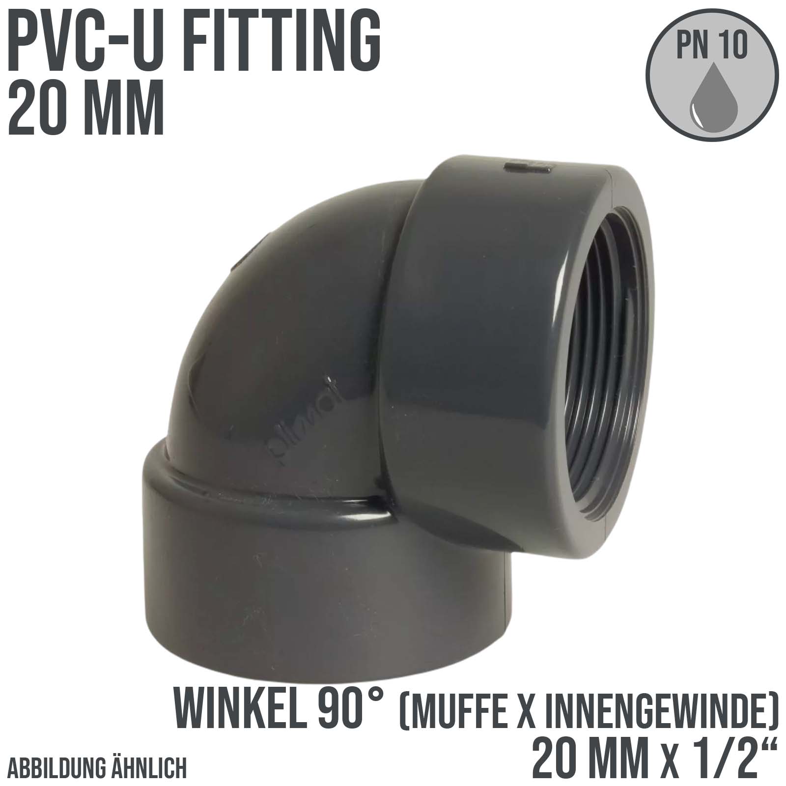 20 mm PVC Klebe Fitting Winkel 90° Innengewinde IG 20 mm x 1/2" Muffe Verbinder - PN 10 bar