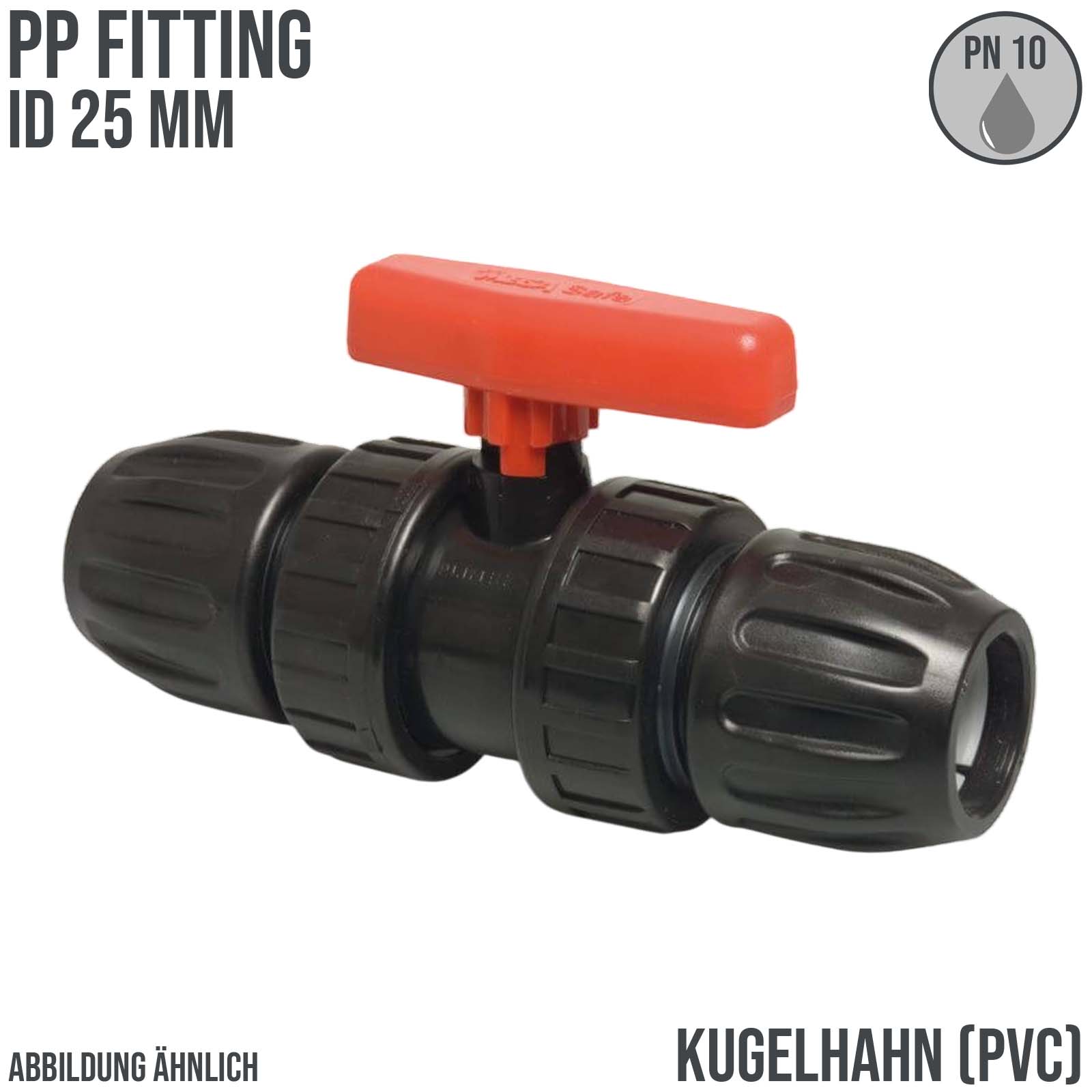 25 mm PE PP Kugelhahn 2-fach Klemm Muffe Kupplung schwarz/rot PN 10 bar