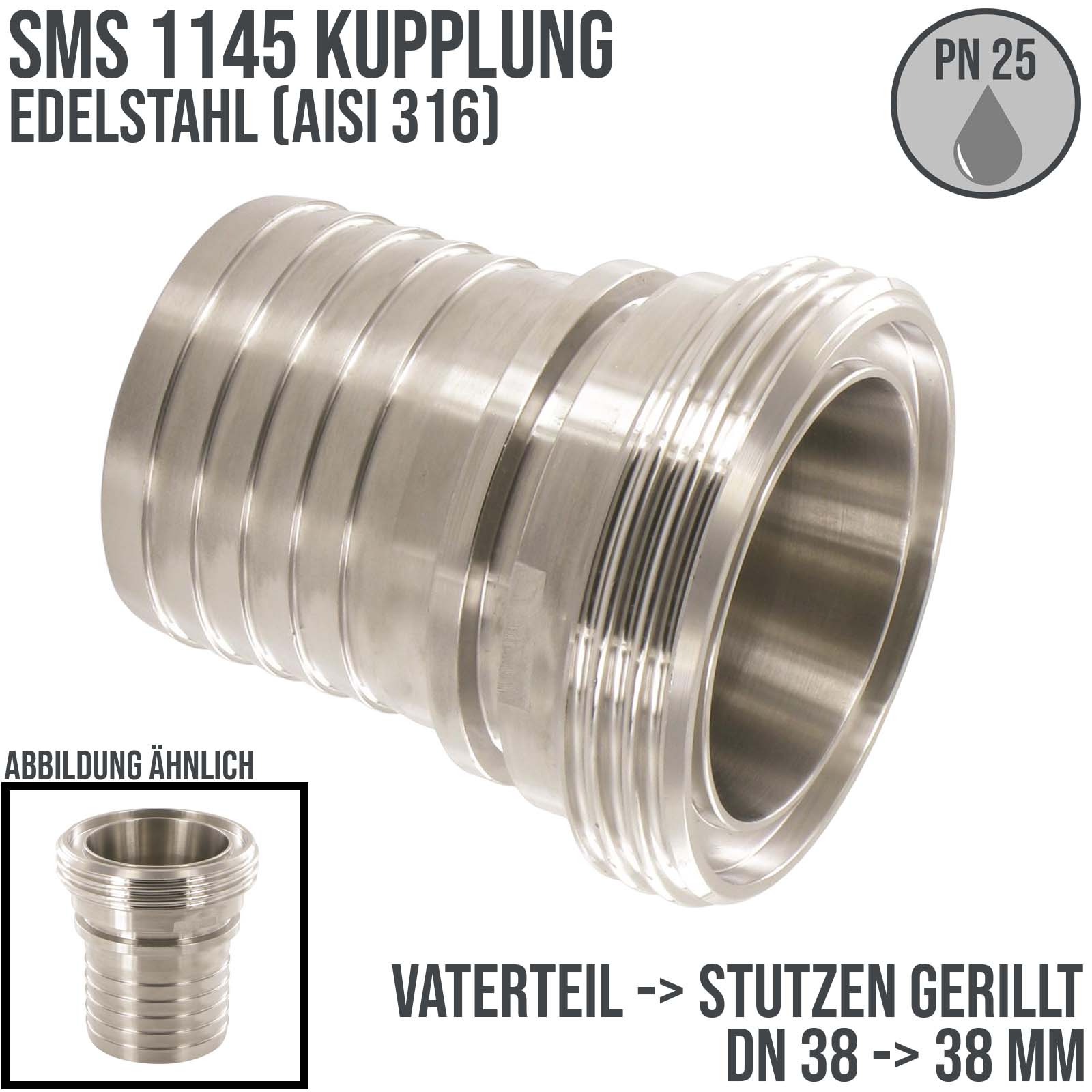 DN 38 SMS Kupplung 1145 Vaterteil VT Außengewinde Sicherungsbund - Stutzen gerillt 38 mm - PN 25 bar