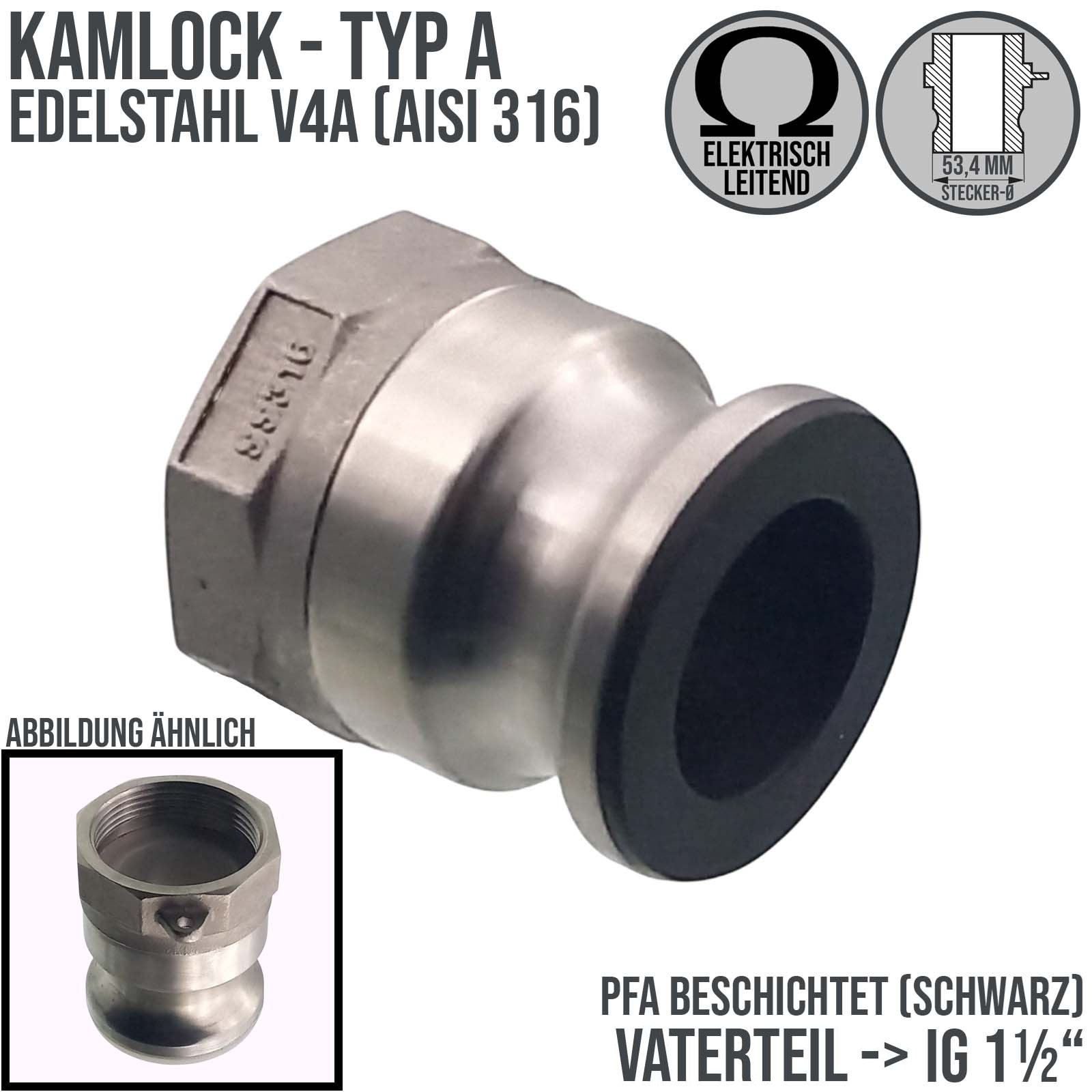 Kamlock Typ A - Vaterteil Edelstahl V2A (AISI 316) - 53,4 mm Stecker mit Innengewinde (IG) 1 1/2" Zoll DN 40 PFA beschichtet - PN 25 bar