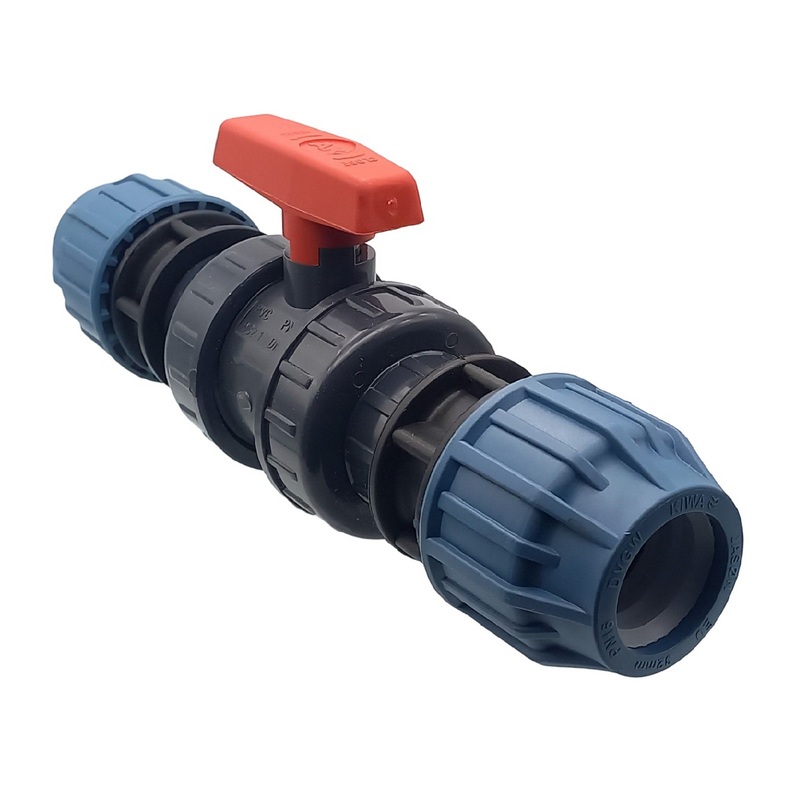 16 mm PE PP Fitting Klemm Verbinder Verschraubung Kugelhahn (rot) mit 2-fach Muffe