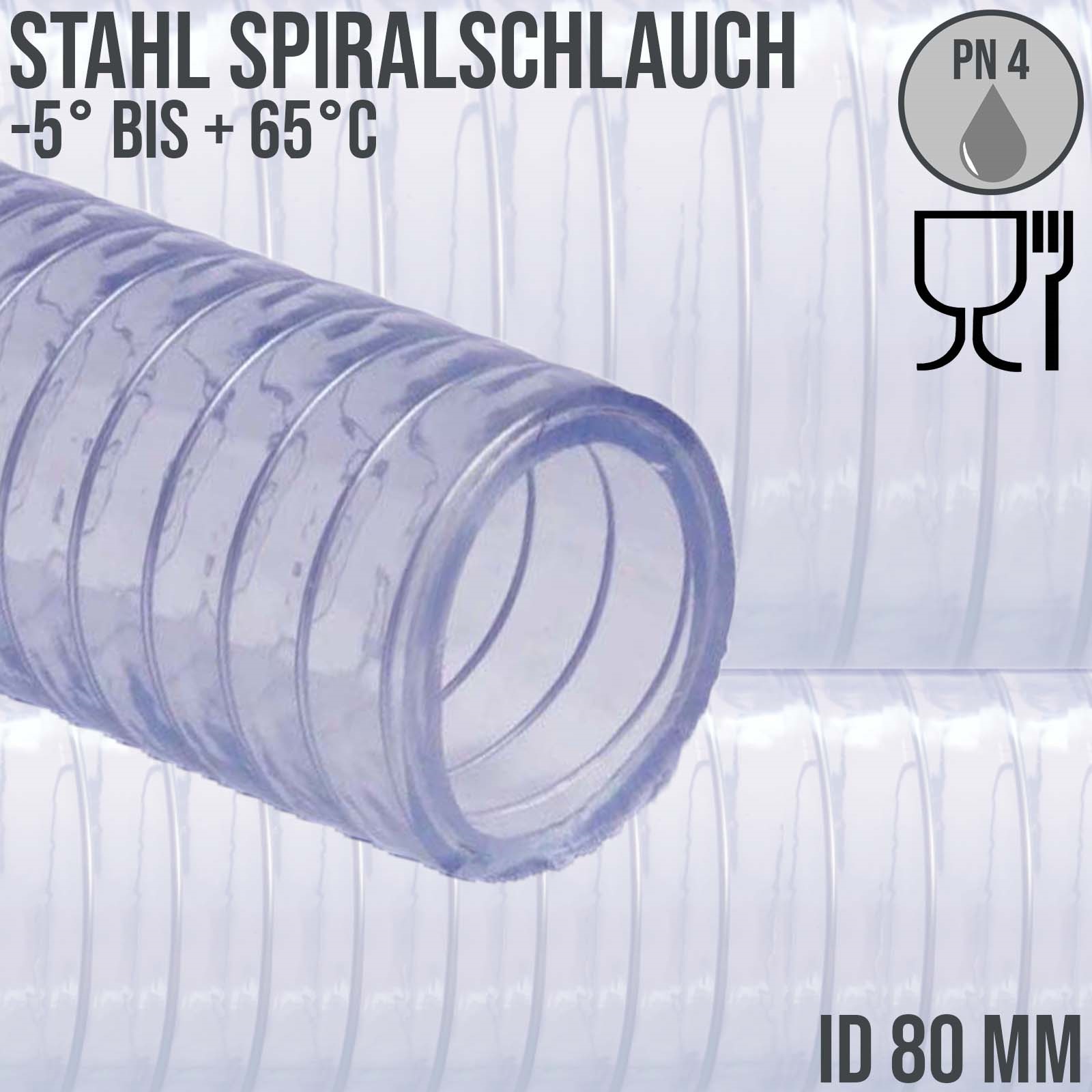 80 mm Saug Ansaug Druck Abwasser Pumpen Schlauch Stahlspirale transparent PN 2 bar