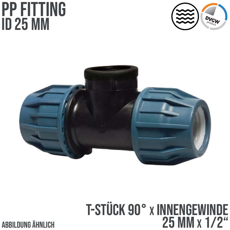 20 mm x 1/2" PE PP Fitting Klemm Verbinder Verschraubung Rohr T-Stück 90° x IG DVGW - PN 16 bar