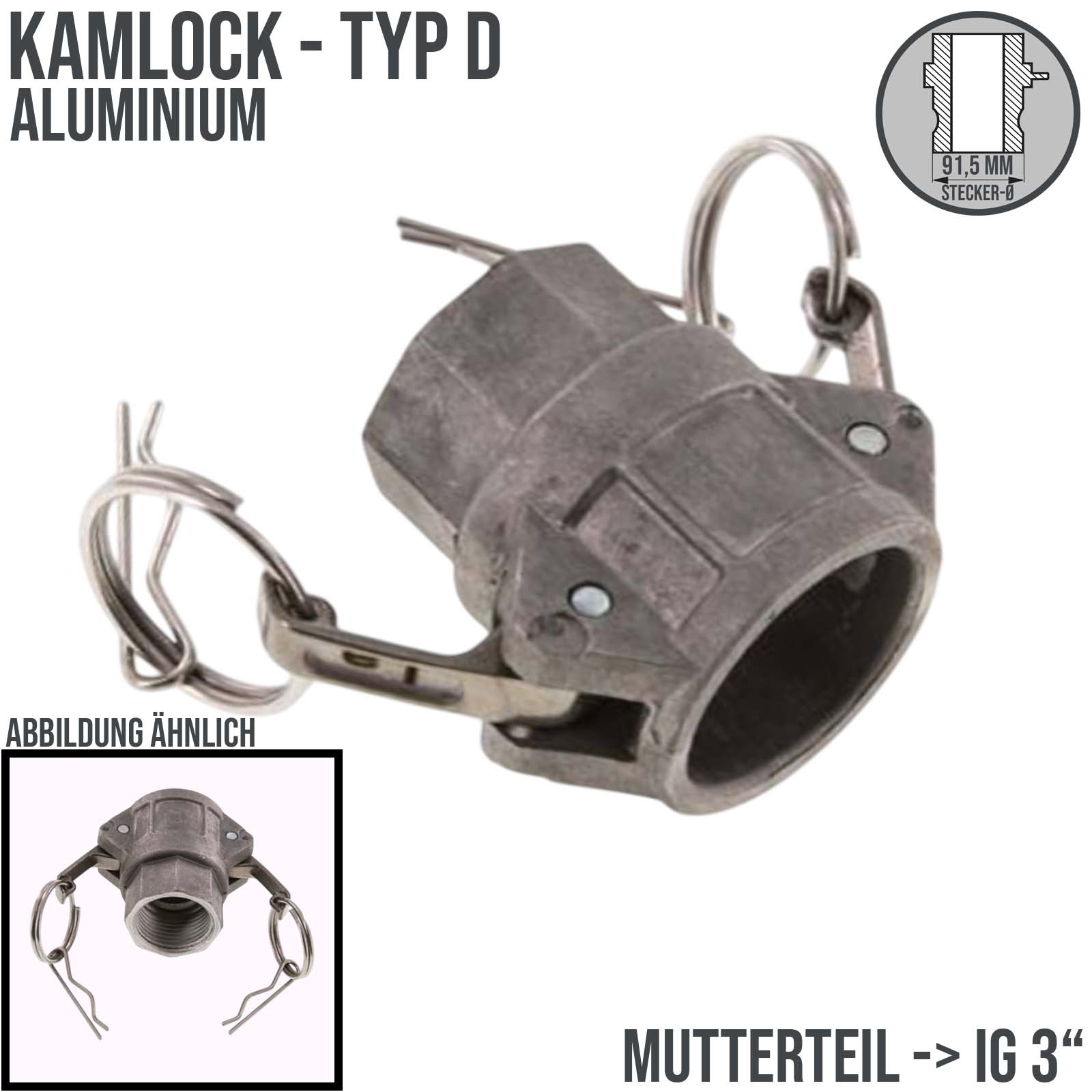 Kamlock Typ D - Mutterteil Aluminium ALU mit Innengewinde (IG) für Stecker 91,5 mm - 3" Zoll DN63 DN65 - PN 10 bar