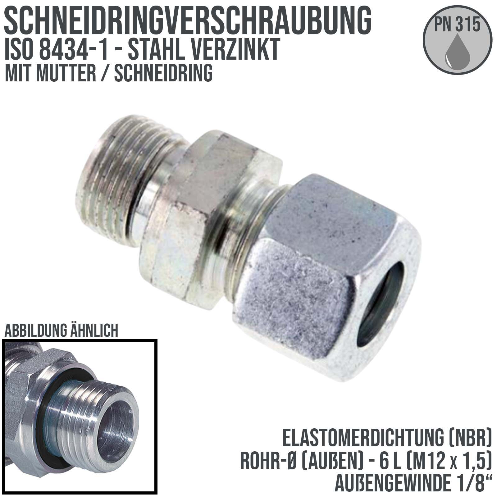 1/8" AG 8 L Schneidring Verschraubung Außengewinde M 14 x 1,5 Stahl verzinkt Elastomer Dichtung NBR - PN 315 bar