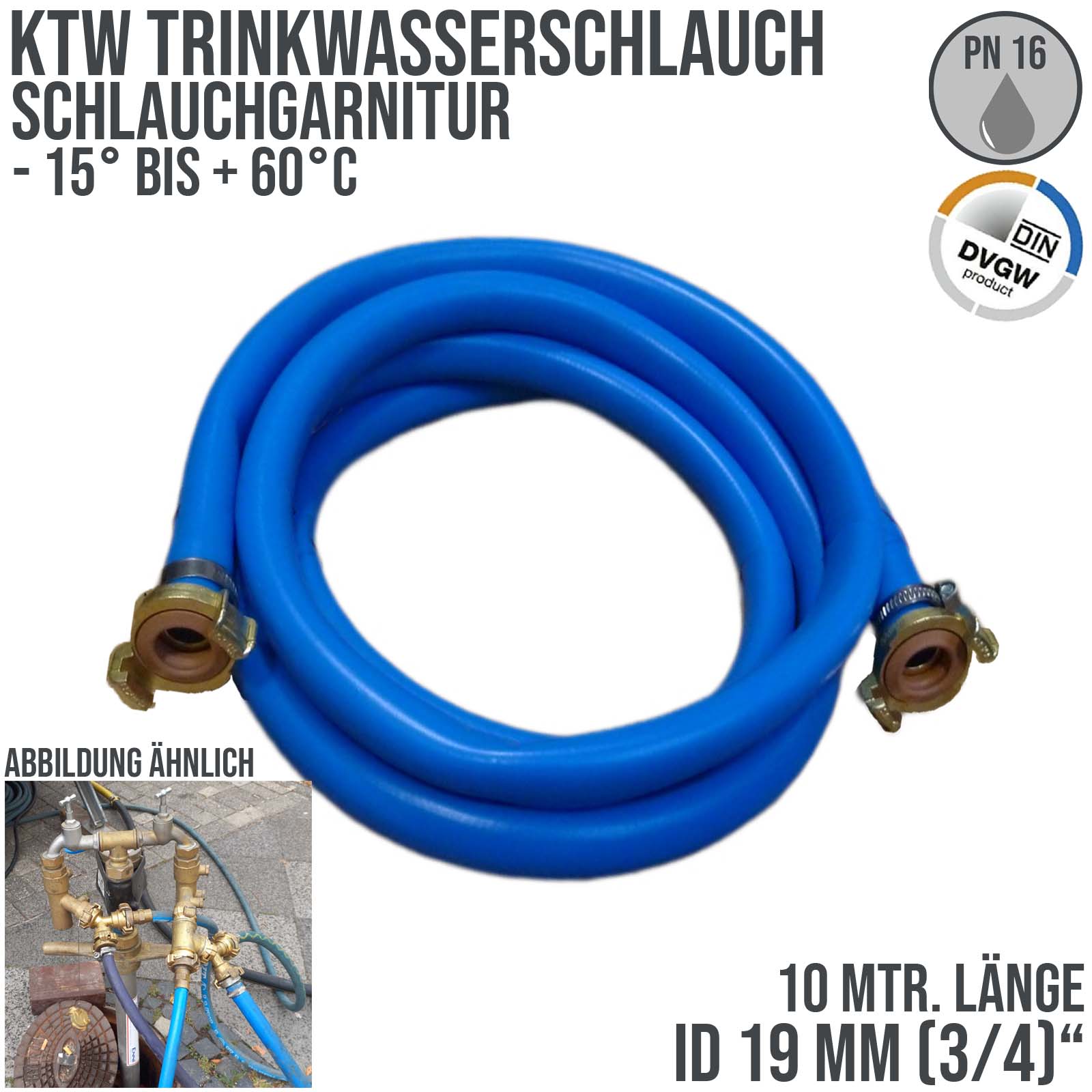 19 mm 3/4" Zoll TPE Trinkwasser Garnitur GEKA-Schnellkupplung Kirmes Schlauch KTW DVGW PN15 bar - 10 m