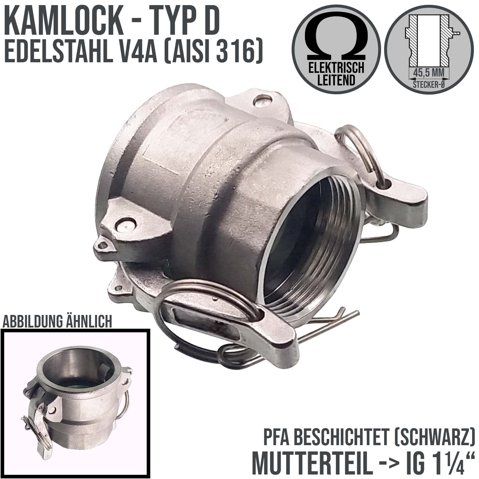 Kamlock Typ D - Mutterteil Edelstahl V4A (AISI 316) mit Innengewinde (IG) für Stecker 45,5 mm - 1 1/4" Zoll DN 32 PFA beschichtet - PN 25 bar