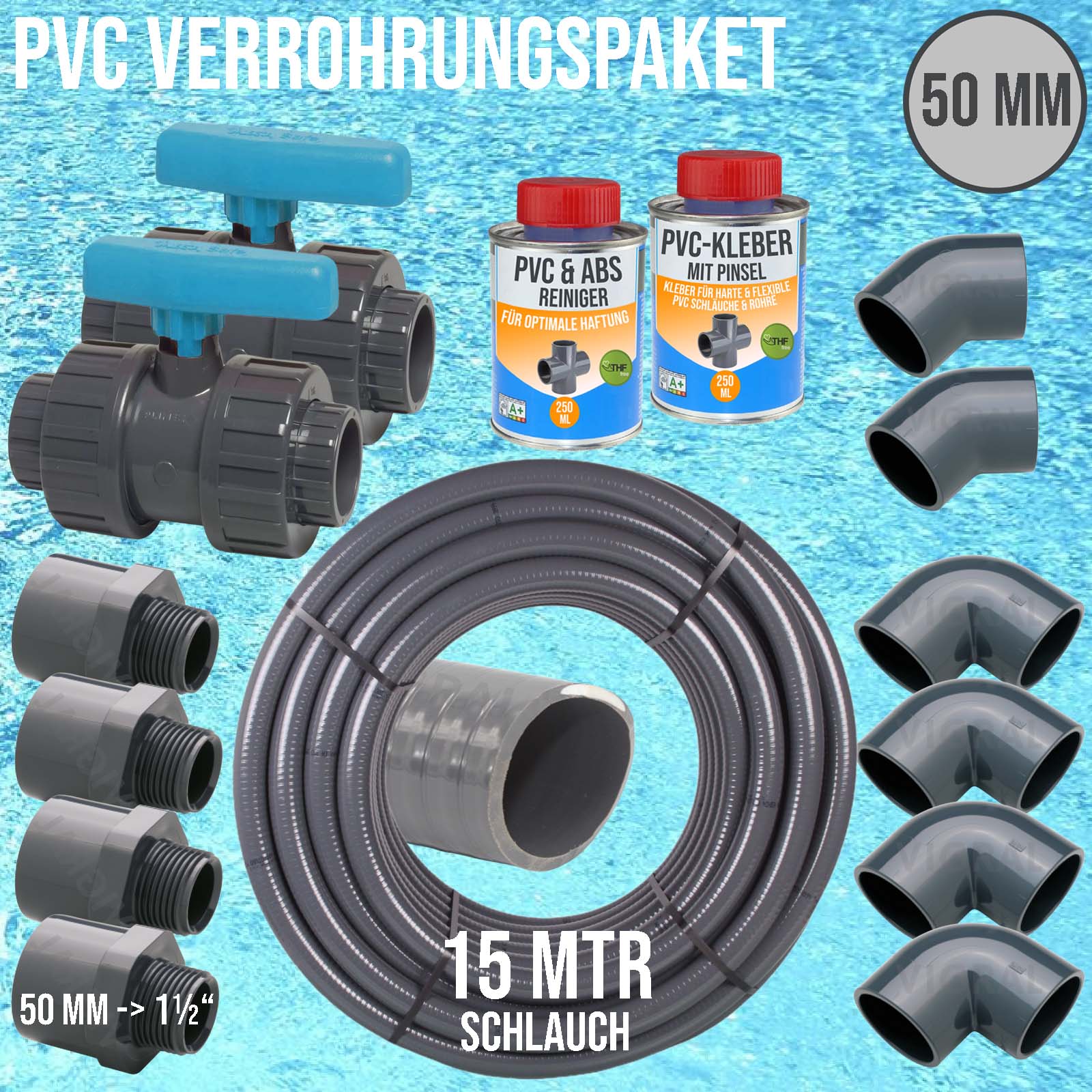 50 mm PVC Klebe Fittings Verrohrungspaket Pool Schwimmbad Schlauch FLEX (1 1/2") - 15 m - blau