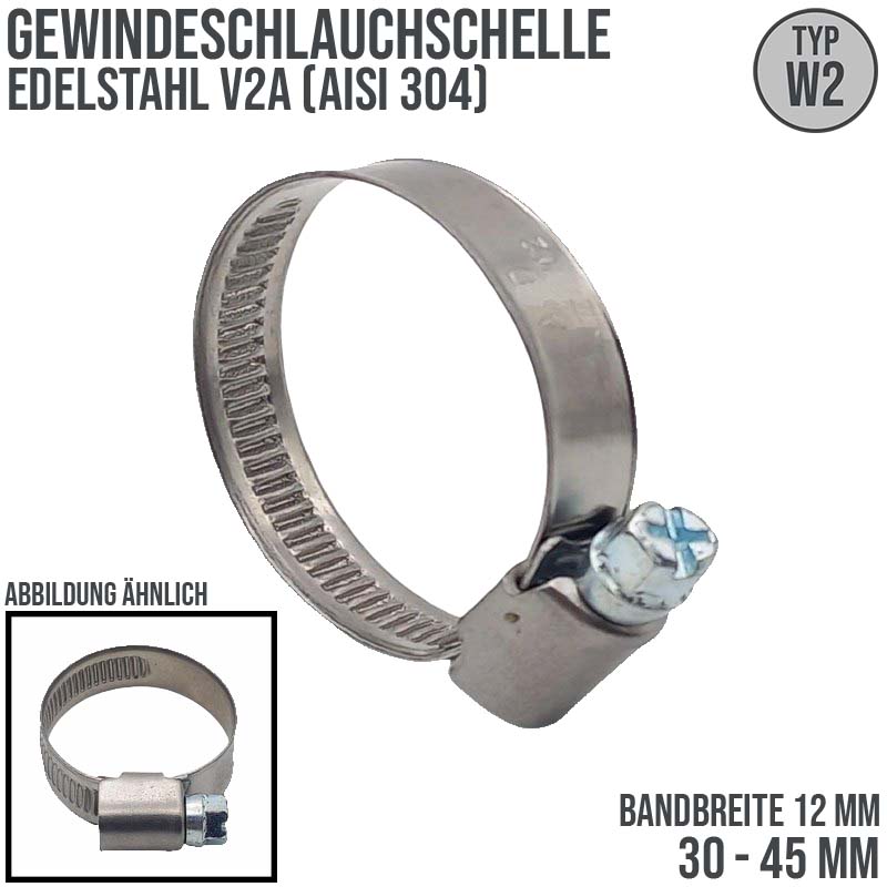 35 - 50 mm Schlauchschelle W2 Edelstahl AISI 430 Rohr Gewinde Schelle - Band: 12 mm