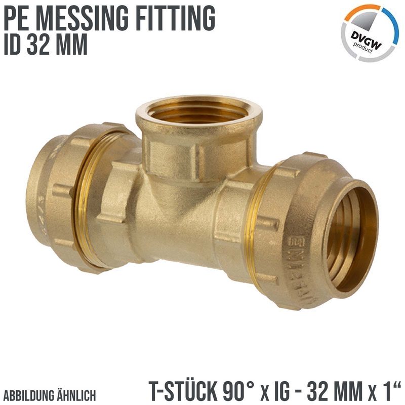 32 mm x 1" PE Fitting Klemm Verbinder Messing Verschraubung Muffe T-Stück 90° x IG DVGW - PN 16 bar