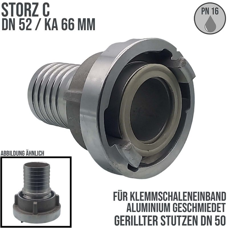 STORZ C DN 52 KA 66 Saug Druck Kupplung -> gerillter Sägezahn Stutzen Tülle Sicherungsbund DN50 Klemmschale Einband - PN 16 bar