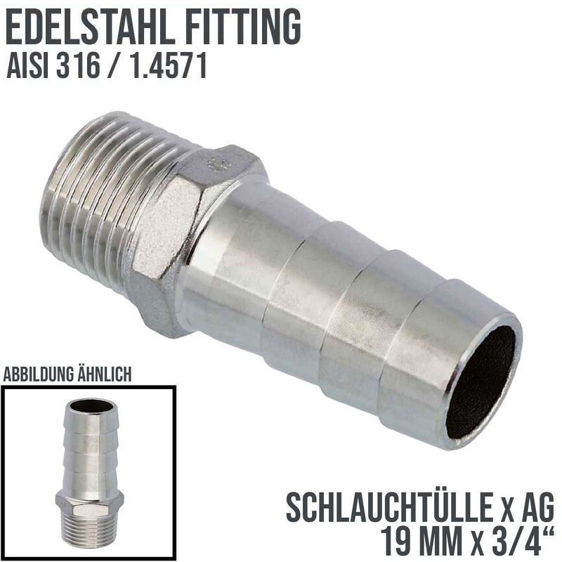 19 mm x 3/4" Zoll Schlauch Tülle Stutzen Außengewinde AG Nippel Edelstahl AISI 316 VA  Fitting - PN 20 bar