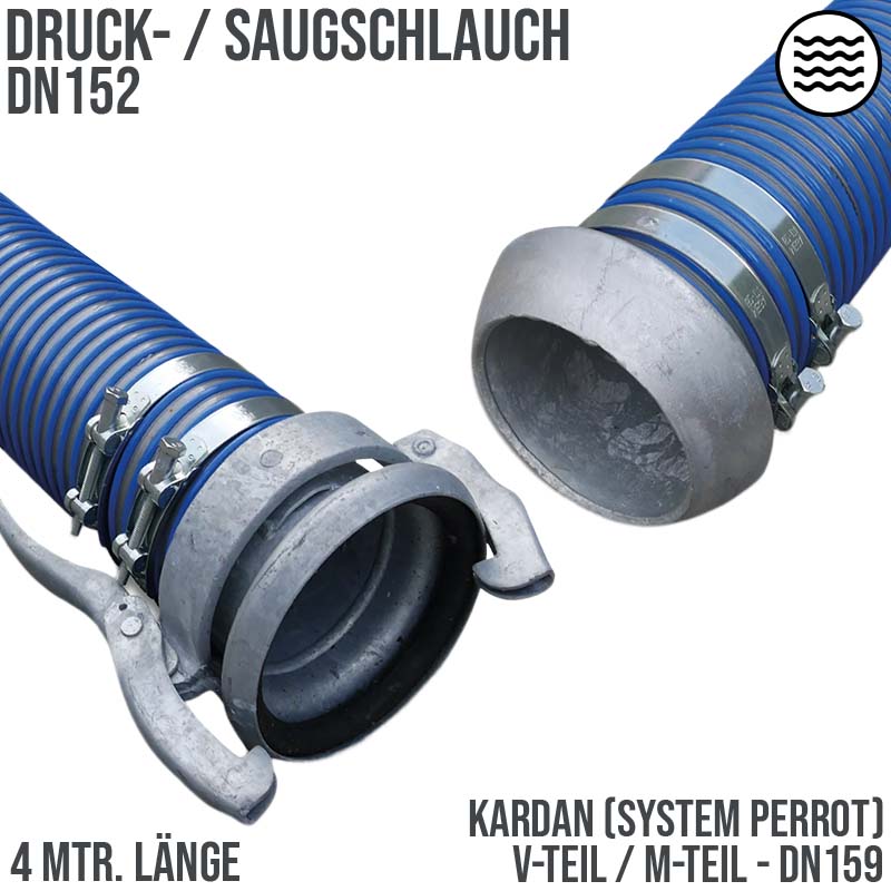 152 mm PVC Saug Druck Gülle Schlamm Schlauch Kardan DN 159 V-Teil M-Teil - 4 m