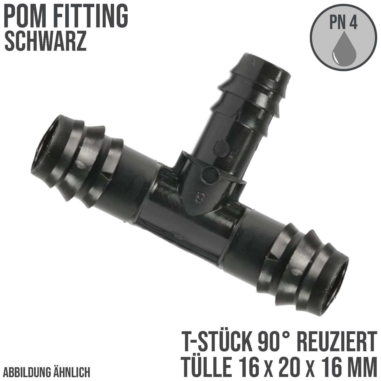 16 x 20 mm POM T-Stück 90° Schlauch Verbinder Stutzen Tülle reduziert Kupplung Tropf Fitting schwarz PN 4 bar