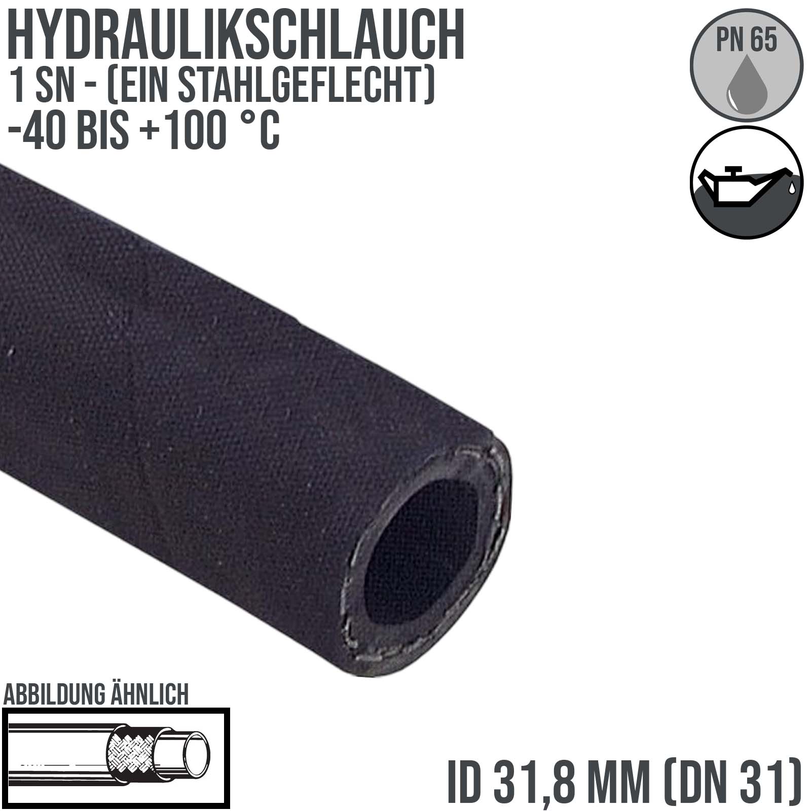 31,8 x 43,3 mm 1 SN DN 31 Hochdruck Hydraulik Wasser Kraftstoff Schlauch einfach Draht Einlage schwarz EN 853 - PN 65 bar