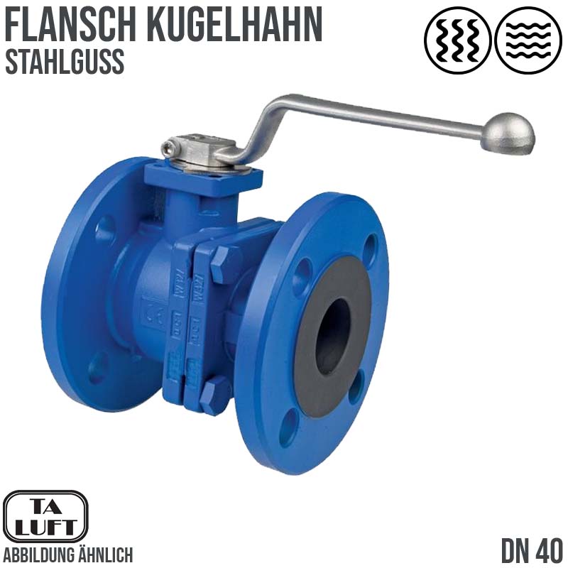 DN 40 Flansch Kugelhahn 2-teilig Gussgehäuse Kugel Messing DVGW Gas - PN 40 bar