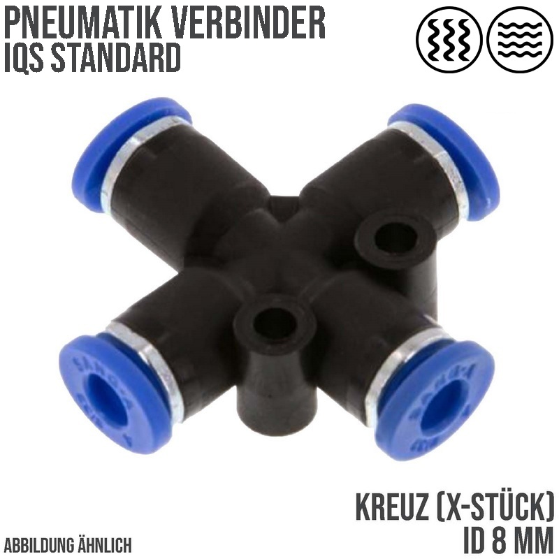 8 mm Pneumatik Steck Verbinder IQS Kreuz blau/schwarz PA PU Schlauch - PN 20 bar