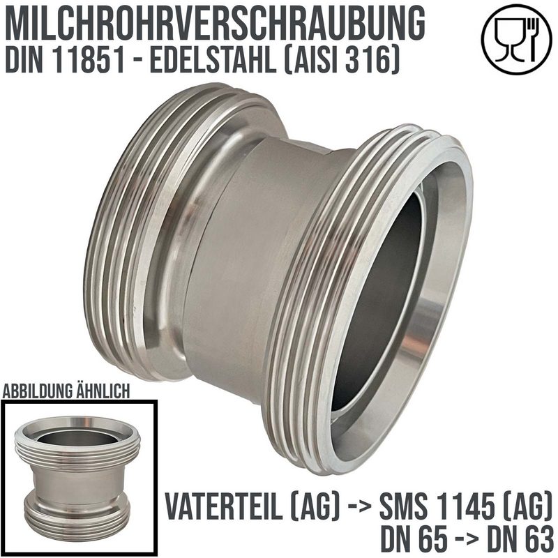DN 65 Milchrohr Verschraubung DIN 11851 Übergang Adapter Vaterteil Außengewinde -> SMS 1145 Vaterteil DN 63 - PN 25 bar