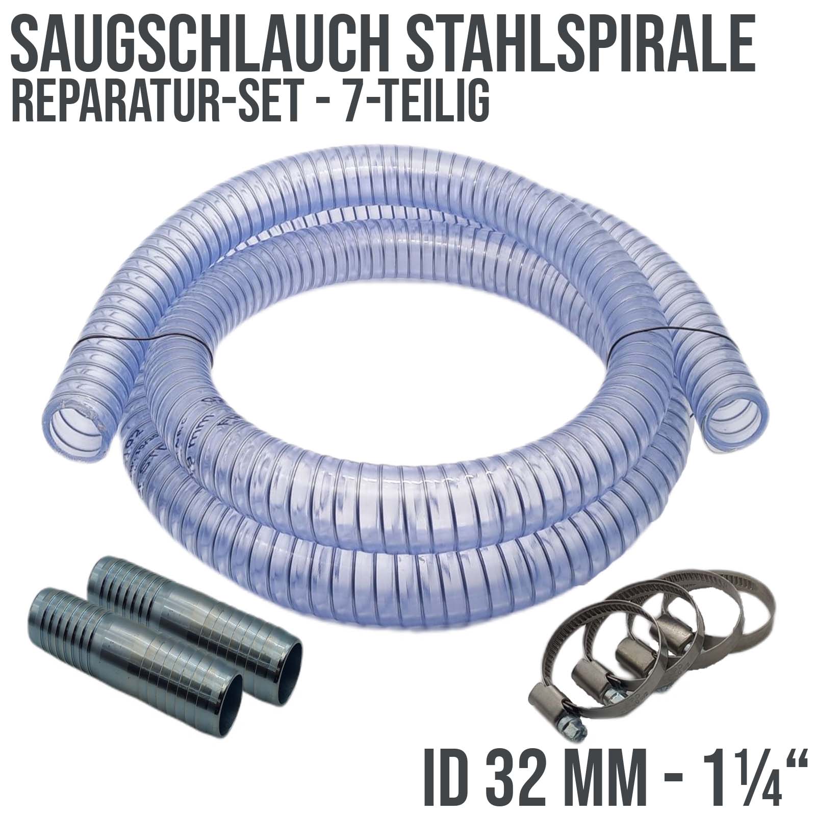 Schlauch Reparatur Set PVC Saugschlauch Stahlspirale Verlängerung 32mm 1 1/4" - 7-teilig