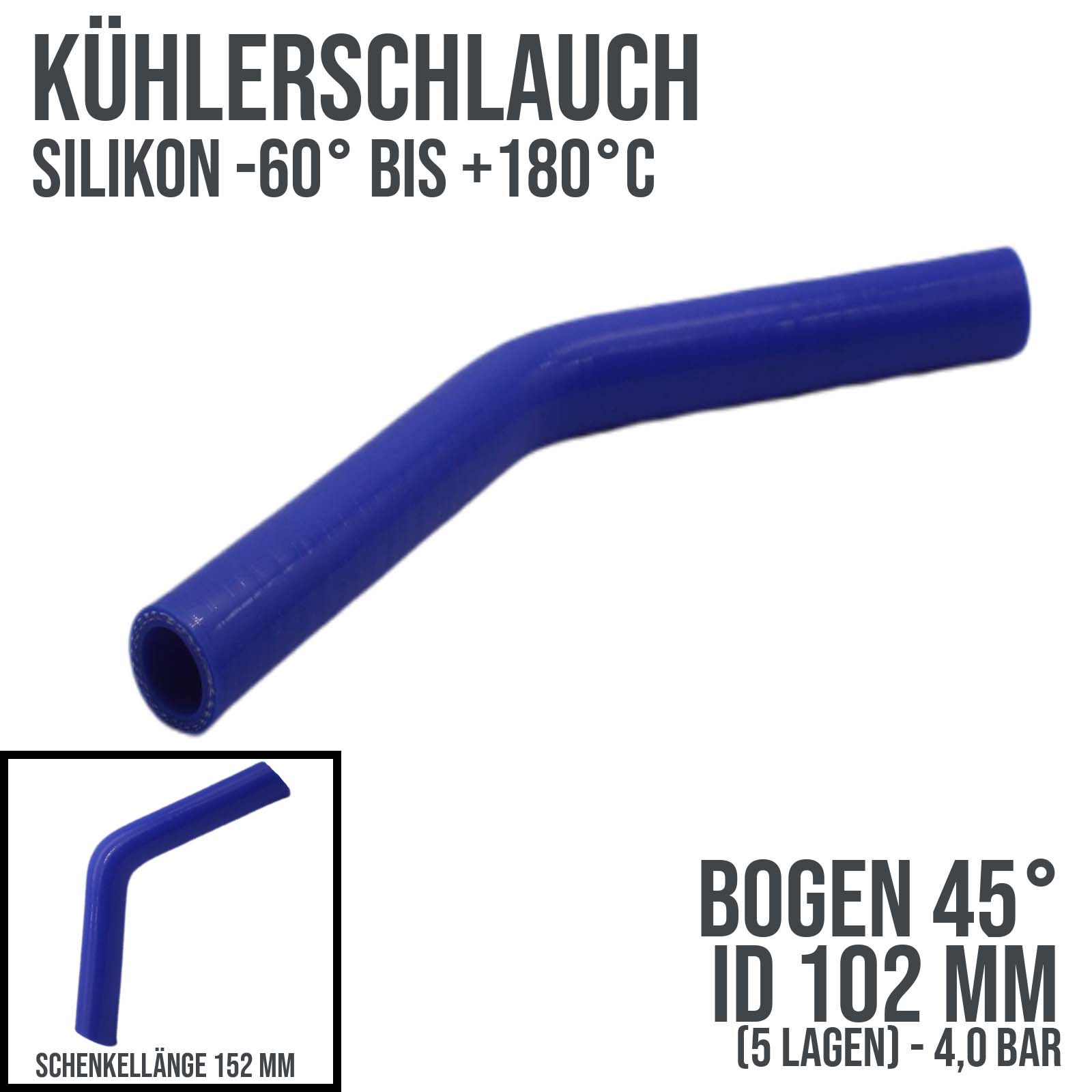 102 x 112 mm Kühlerschlauch Silikon Bogen 45° LLK Ladeluft Kühlmittel Schlauch blau (4,0 bar) - 152 mm