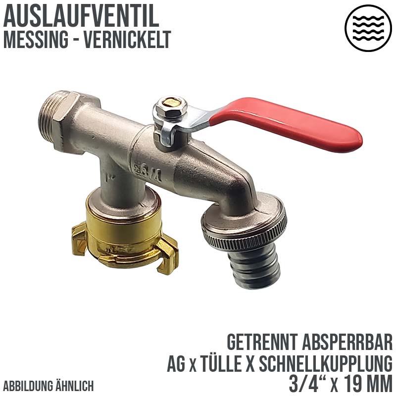 3/4" Messing Auslauf Ventil Hahn 2-fach Auslass 19 mm Tülle Schnellkupplung PN 10 bar