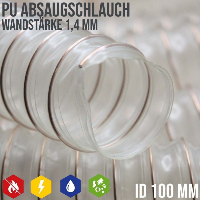 100 mm PU Saug Ansaug Druck Spiral Flex Staub Holz Metall Späne Schlauch Anlage - Wandstärke 1,4 mm - PN 1,21 bar