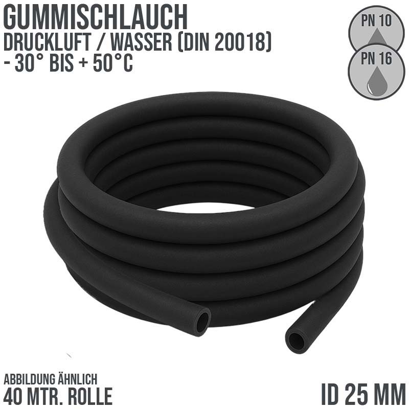 25 x 39 mm Gummi Druckluft Universal Wasser Luft Kompressor Schlauch schwarz - PN 10/16 bar - 40 m