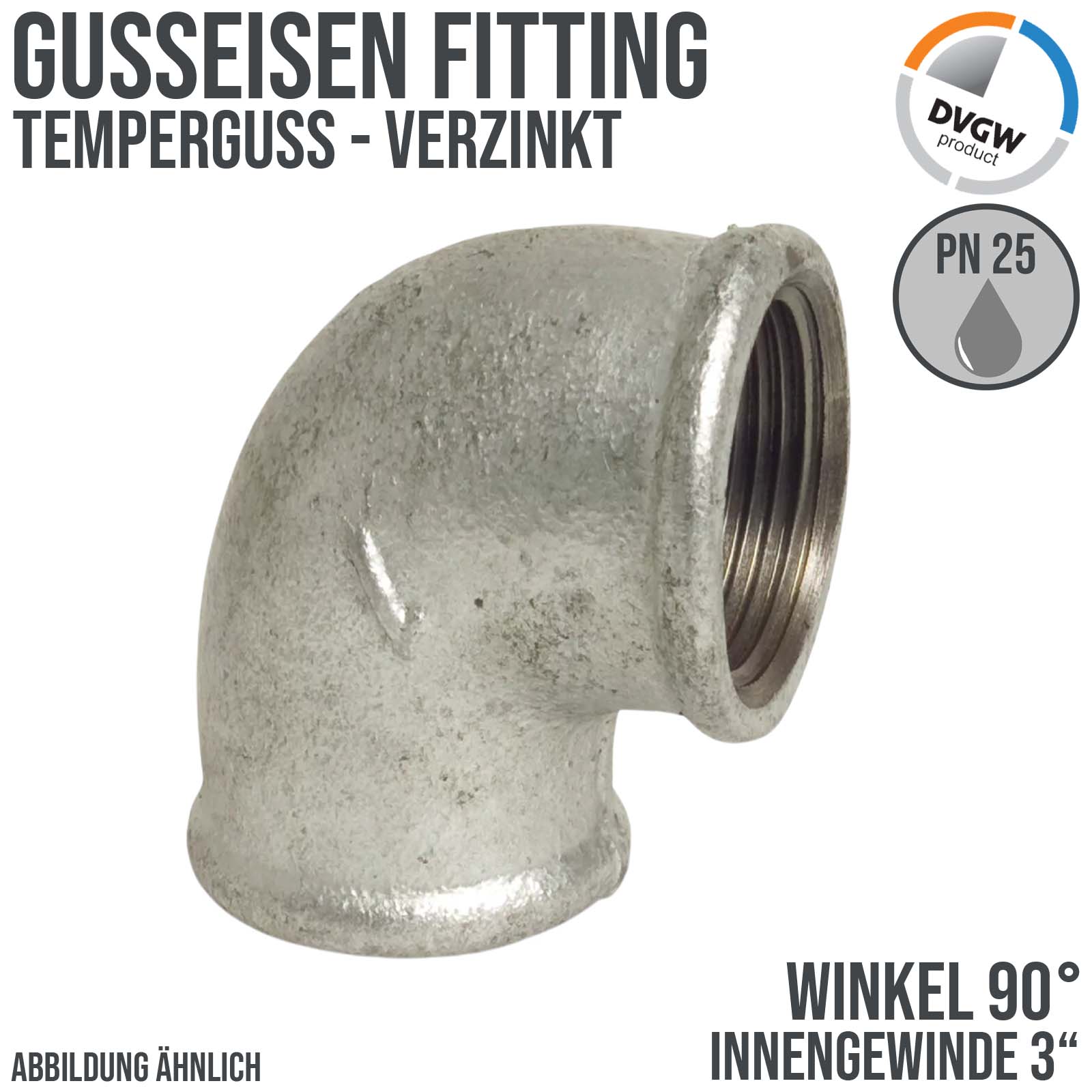 3" Gusseisen Temperguss Fitting Nr. 90 Winkel 90° Innengewinde IG DVGW PN 25 bar