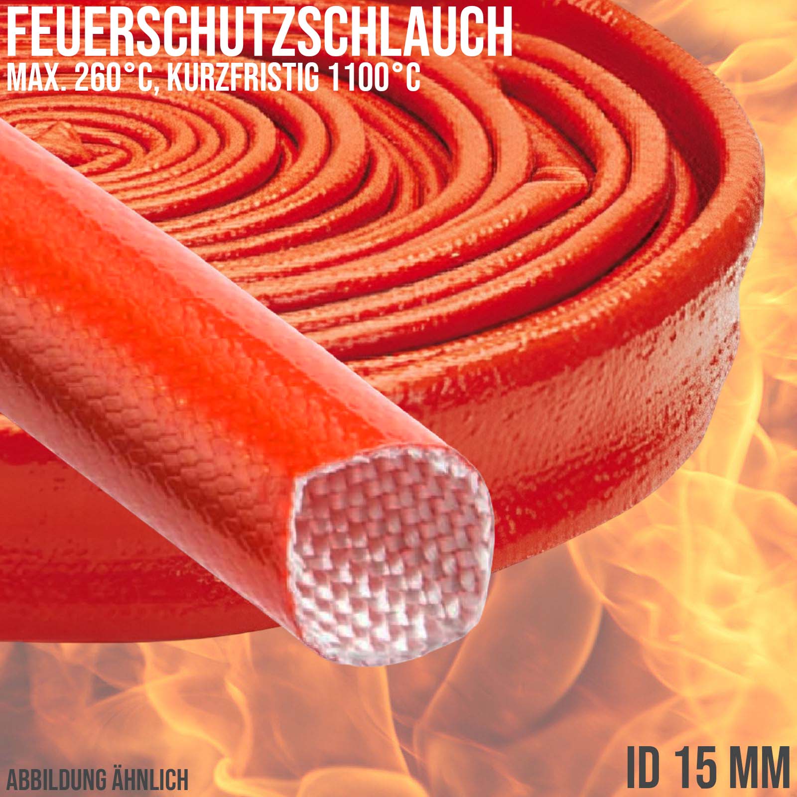 15 x 2,1 mm Feuer Flamm Brand Schutz Schlauch Silikon Fiberglas DN rot EN 45545 DIN5510-2 - 20 m